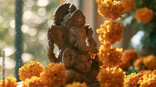 Statue of Lord Ganesha with flowers