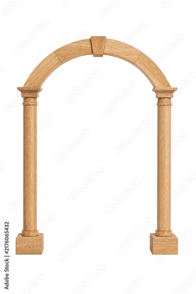 Obraz premium Light brown wooden decorative arch with two pillars and a flat top, isolated on a clean white background