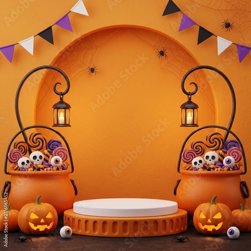 Halloween product display podium with pumpkins lanterns and candy buckets on orange background for seasonal holiday celebration and shopping