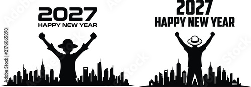 Silhouette of a person celebrating new year s day 2027 with a city skyline background for festive holiday greeting cards