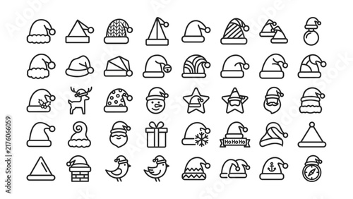 Christmas Santa hats icons in black and white line art style