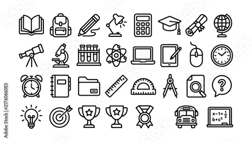 Black line icons of school supplies and education symbols on white background