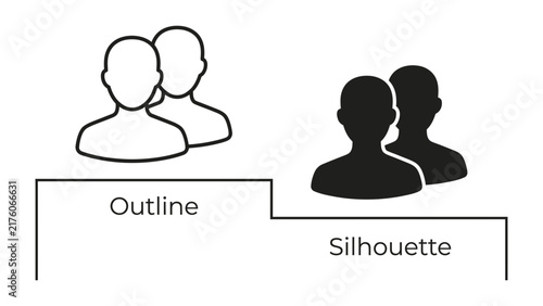 Bild auf Leinwand Outline versus Silhouette: A graphic representation comparing an outline of two figures with a silhouette of two figures, illustrating distinct visual styles and forms