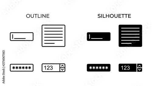 Fotografie Form Input Styles: A comparative visual representation showcasing the contrast between outline and silhouette styles for various input fields, including text areas, password fields