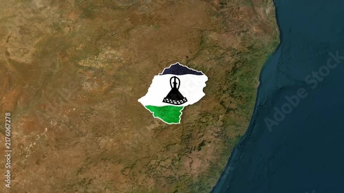 Lesotho map borders glowing over satellite landscape motion video clip animation
