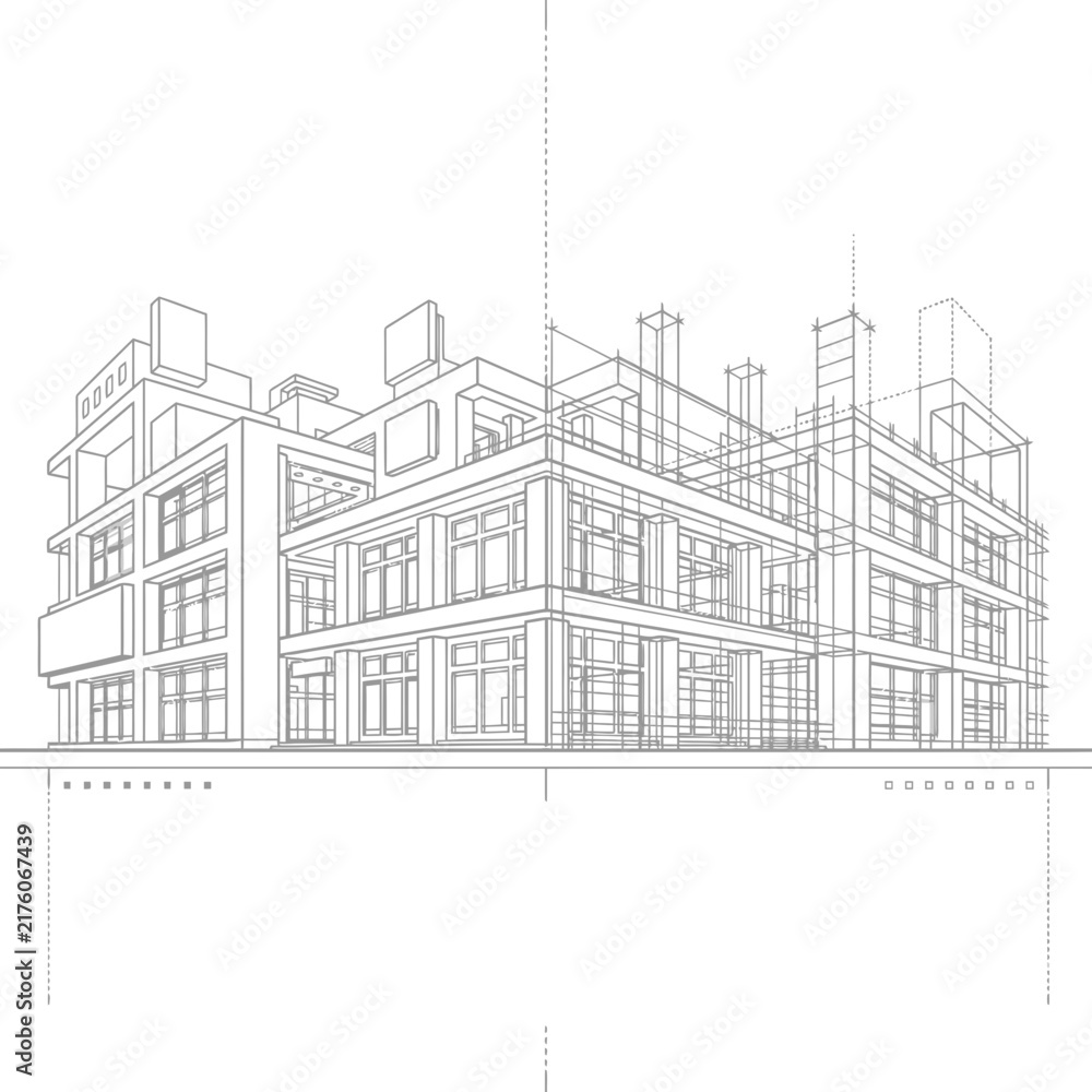 Fototapeta premium Minimalist Architectural Line Drawing of Modern Multi Story Building with Wireframe Perspective and Elevation View