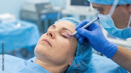 Plastic surgeon marking a female patient’s eyelid before blepharoplasty, demonstrating precise preoperative planning for cosmetic eye surgery.