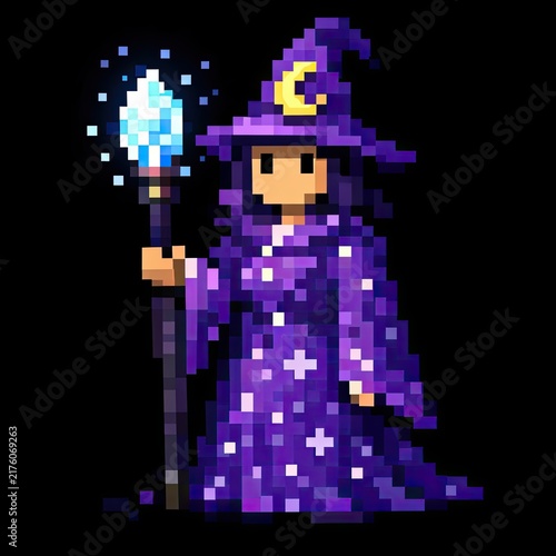 Moon hatted spellcaster conjures blue energy in nostalgic retro pixel style 