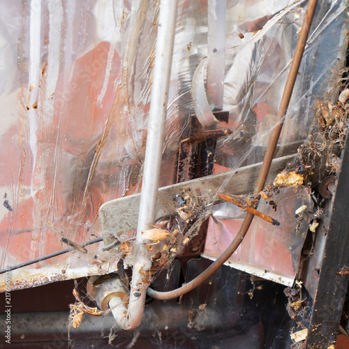 фотографія Old Appliance Interior with Cobwebs, Insect Remains and Wires — Grunge Industrial Texture