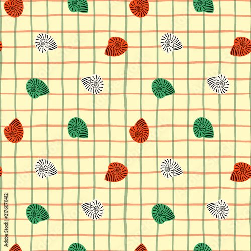 Foto Nautilus Shell Seamless Pattern Illustration on Plaid Background