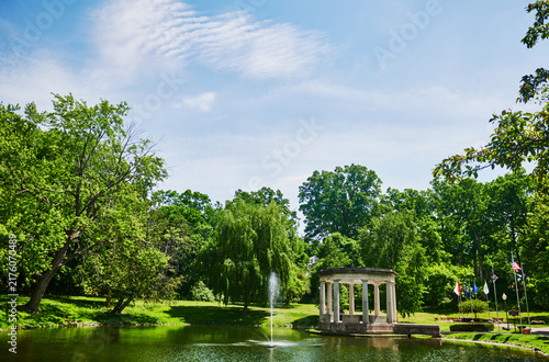  the iconic fountain and classical gazebo in Congress Park, a historic landmark located in the heart of Saratoga Springs, New York