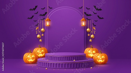 Halloween podium display with glowing pumpkins lanterns and bats on a purple background for product presentation
