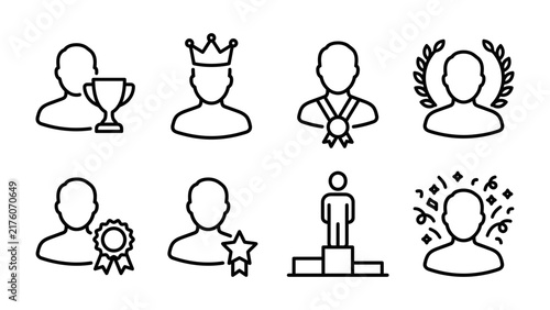 Bild auf Leinwand Award Icons: A collection of stylized line art icons depicting individuals receiving awards, symbols of achievement and recognition, including trophies, crowns, medals, and laurel wreaths