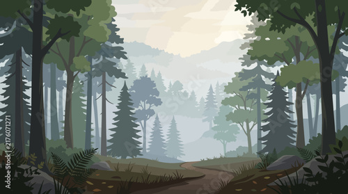 Misty forest path winding through evergreen trees with soft morning light and distant mountains