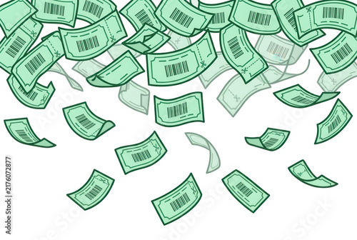 Illustrazione vettoriale di banconote verdi stilizzate con codici a barre che cadono dall'alto su uno sfondo bianco, rappresentando concetti di ricchezza, risparmio, commercio e successo finanziario.