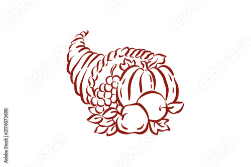 Hand drawn traditional thanksgiving cornucopia horn of plenty outline illustration art Design