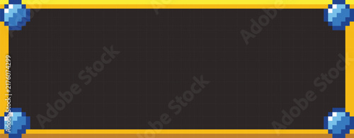 Rectangular pixel frame with a solid gold border and blue spherical orbs at each corner, set against a dark gray background
