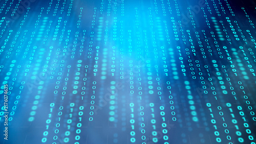 Abstract blue digital background featuring streams of falling binary code representing data transfer, computer science and high-tech network security. Concept of programming or technology digital data