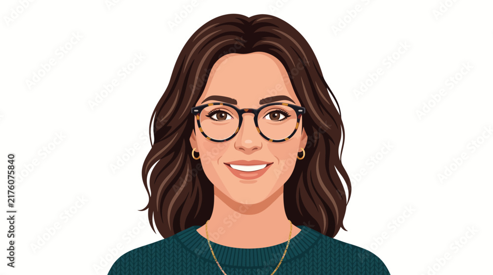 Obraz premium Very beautiful realistic vector illustration of a beautiful young woman wearing glasses, WOMAN WITH GLASSES • MODERN EYEWEAR, elegant close-up portrait, natural expression, clean contemporary styling,