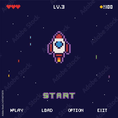 Pixel space shooter game interface with a rocket ship, level indicator, health hearts, score counter, and menu options at bottom