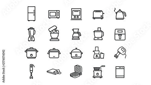 Collection of kitchen appliances and tools illustrated in simple line art style