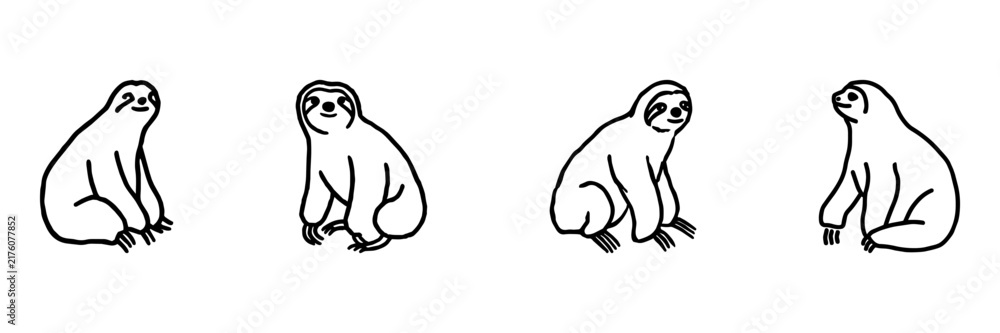 Fototapeta premium Sloth Hand Drawn Doodle Icon Set. Sitting, Resting, Hanging And Slow Animal Sketch Symbol Collection. Wildlife And Nature. Isolated Vector Illustration