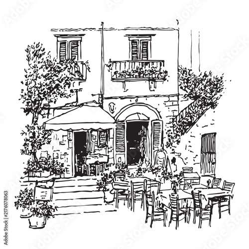 Italian street cafe ink sketch, hand drawn european building facade vector illustration