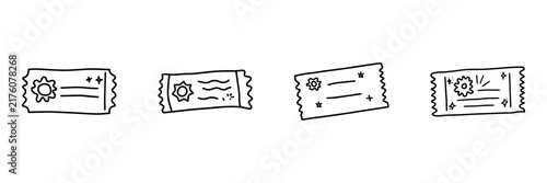 Ticket And Coupon Hand Drawn Doodle Icon Set. Voucher, Admission, Discount And Event Pass Sketch Symbol Collection. Marketing And Promotion. Isolated Vector Illustration