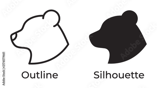 Cuadro en lienzo Bear Outline and Silhouette: Two distinct representations of a bear's head - one as a clean outline and the other as a solid silhouette, showcasing simple yet iconic design elements