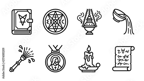 фотографія Esoteric Symbols Collection: A collection of eight minimalist line art icons depicting various esoteric and mystical symbols, including a grimoire, a hexagram, an incense burner, a chalice