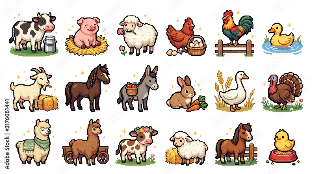 Naklejka premium Set of cute cartoon farm animals collection including cow pig sheep chicken rooster duck goat horse donkey rabbit goose turkey llama alpaca and baby chick.