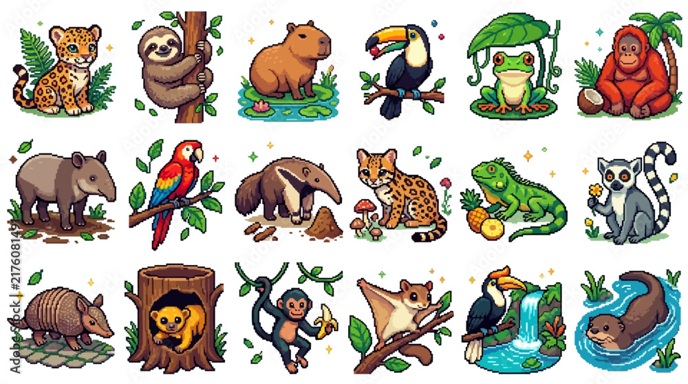 Naklejka premium Collection of cute cartoon rainforest animals and tropical wildlife icons set.