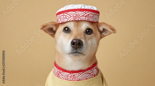 Cute dog wearing traditional chef hat and apron against a beige background, representing culinary themes and pet portraits