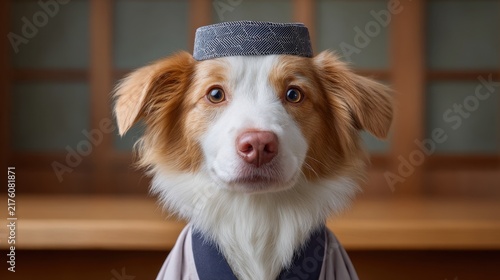 Cute dog wearing traditional clothing and hat, sitting indoors with a warm and friendly expression, perfect for cultural themes