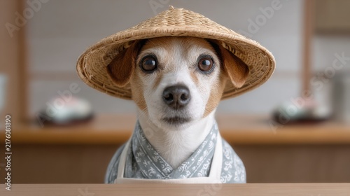 A Charming Dog Wearing a Wheat Straw Hat and Stylish Attire in a Cozy Interior Setting