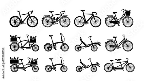 Obraz na płótnie Collection of Bicycle Styles: A comprehensive display of diverse bicycle designs, showcasing road bikes, touring bikes, city bikes, folding bikes, and recumbent models