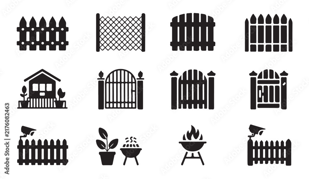 Obraz premium Garden fence silhouette set with backyard elements like barbecue and plants on a transparent background.