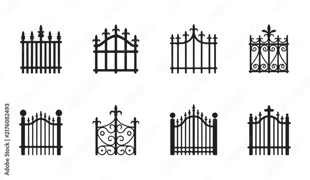 Obraz premium Decorative iron gate silhouette icons set featuring ornate metal patterns for elegant garden property boundary.