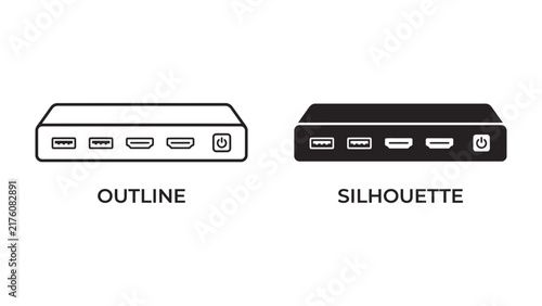 Foto HDMI Switcher Icon: Two graphic representations of an HDMI switcher, one in outline and one in silhouette, showcase the device's connectivity ports