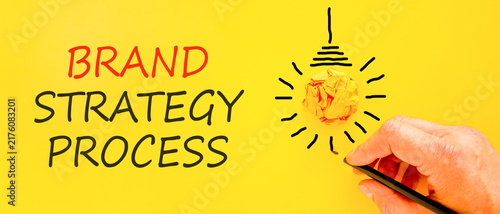 Brand strategy process words symbol. Concept words Brand strategy process on beautiful yellow paper. Beautiful yellow background. Businessman hand. Business brand strategy process concept. Copy space.