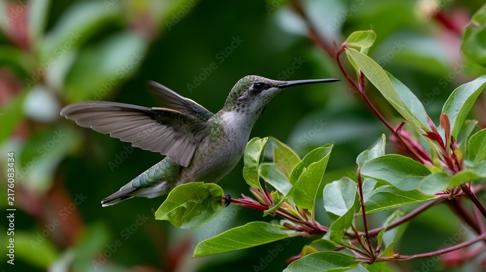 Obraz premium A hummingbird hovers near green leaves with wings in motion showcasing iridescent feathers and a slender beak against a soft blurred background