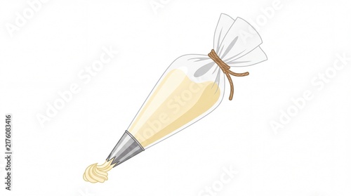 Decorative piping bag filled with sweet yellow cream frosting for professional cake baking on white background
