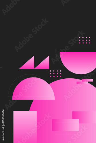 Abstract Geometric Composition: A vibrant arrangement of pink geometric shapes, including circles, triangles, and squares, is set against a dark, textured background.