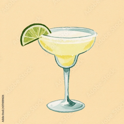 Refreshing margarita cocktail with lime slice and salt rim in a coupe glass