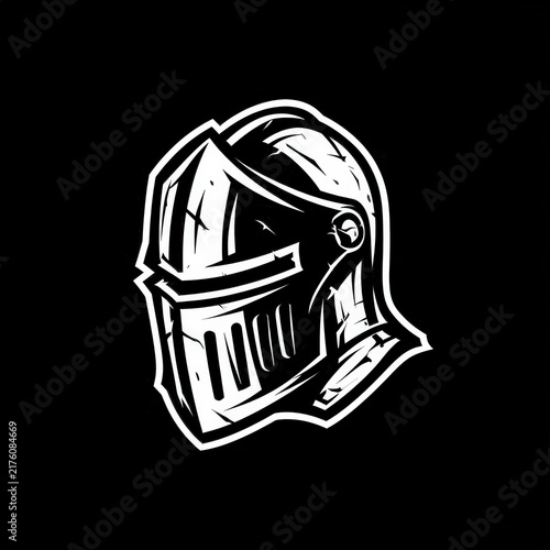 Striking black and white illustration of a medieval knight's helmet