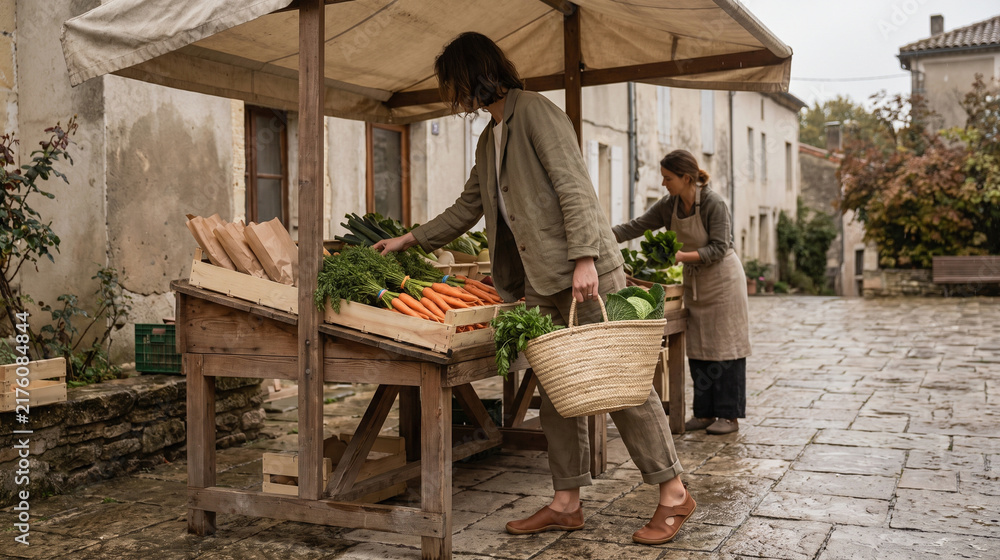 Fototapeta premium Customer Picks Fresh Vegetables at a Local Produce Stand