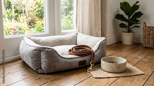 Cozy Gray Dog Bed with Leash and Bowl.