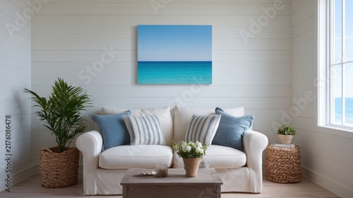 Bright and Airy Coastal Living Room with White Sofa, Sea View and Ocean-Inspired Art on the Wall