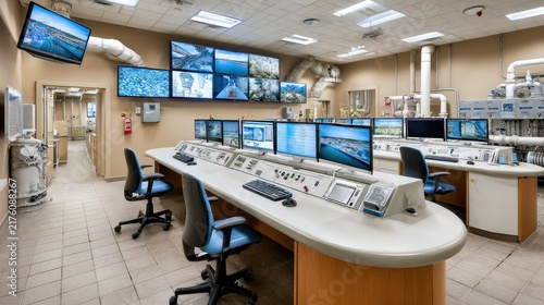Control Room Hub: A sophisticated control room with multiple monitors displaying various data streams, a long console filled with buttons and switches, and ergonomic chairs.