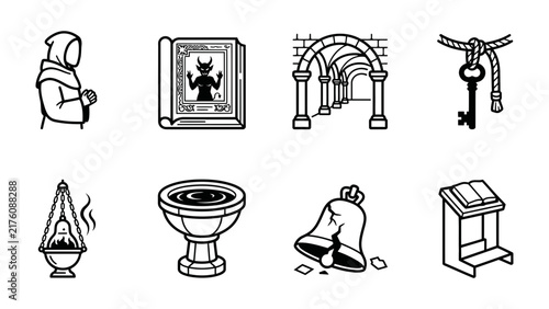 Принти на полотні Religious Iconography Set: A collection of line art icons representing various religious elements, including a monk, a grimoire, an archway, a key, an incense burner, a baptismal font, a bell